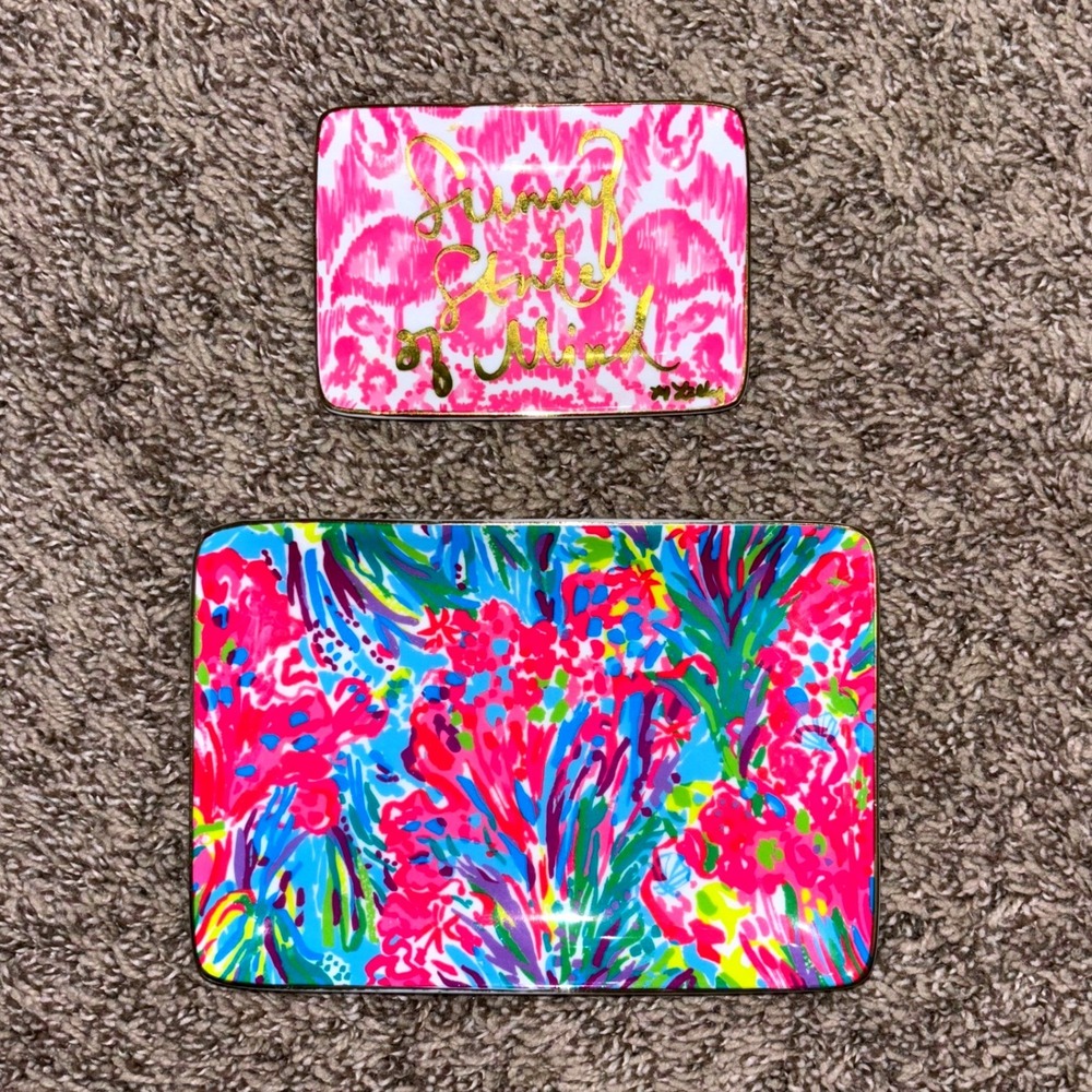 Lilly Pulitzer Trinket Tray Set Pink Floral Sunny State of Mind 2 Piece